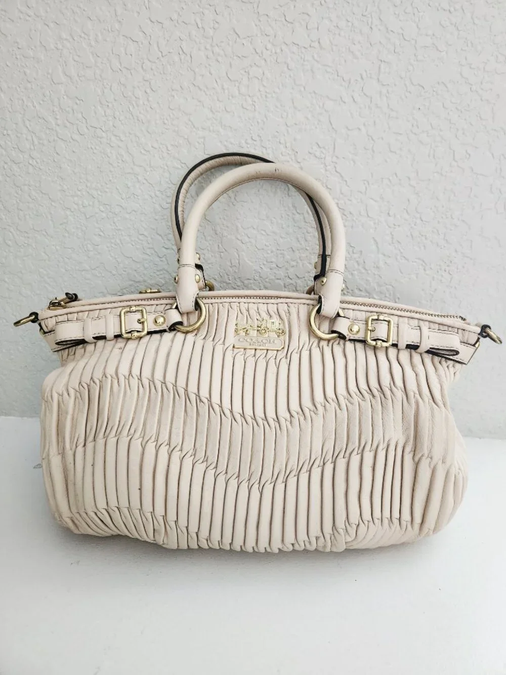 Coach Sophia Gathered Beige Leather Satchel Handbag Purse